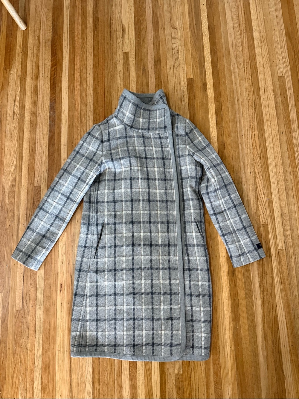 Aritzia Grey Plaid Funnel Neck Wool-Blend Coat